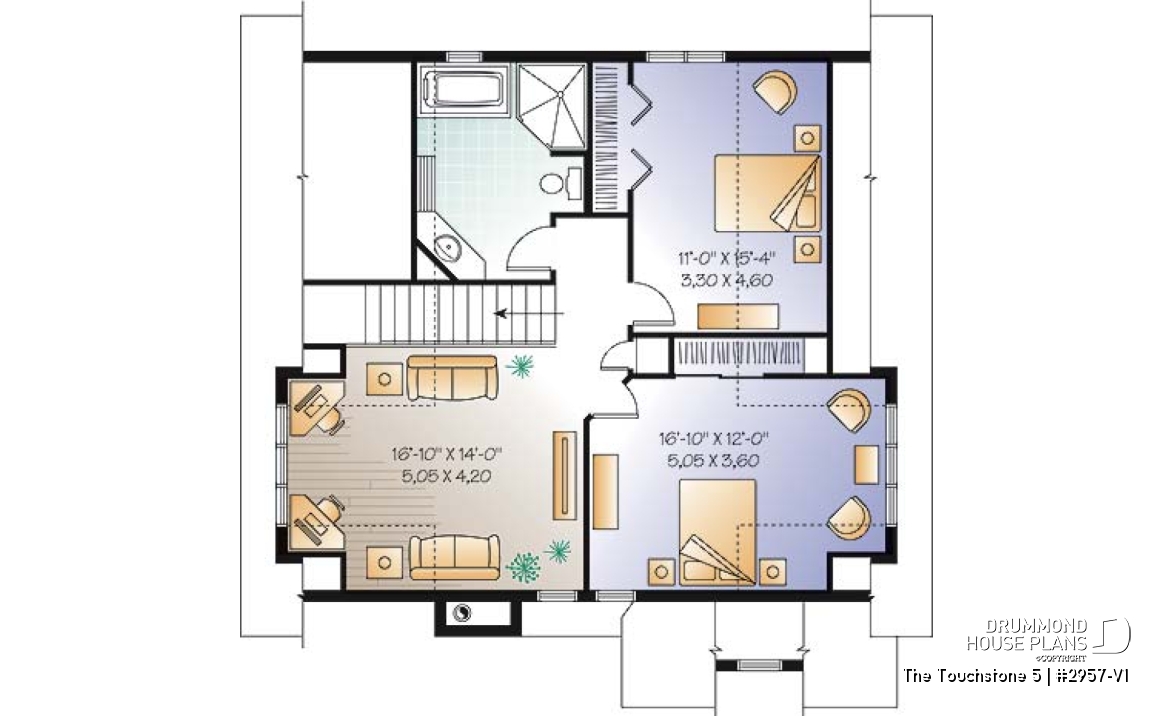 2nd level - Lakefront cottage plan, walkout  basement, 3 to 4 bedrooms, open floor plan layout, fireplace - The Touchstone 5