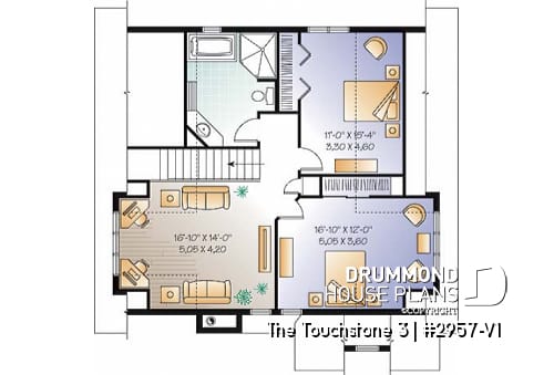 2nd level - Lakefront cottage plan, walkout  basement, 3 to 4 bedrooms, open floor plan layout, fireplace - The Touchstone 5