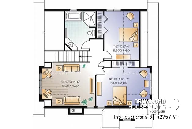 2nd level - Lakefront cottage plan, walkout  basement, 3 to 4 bedrooms, open floor plan layout, fireplace - The Touchstone 5