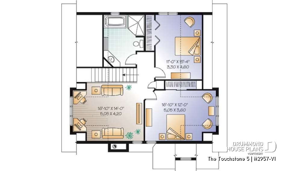 2nd level - Lakefront cottage plan, walkout  basement, 3 to 4 bedrooms, open floor plan layout, fireplace - The Touchstone 5