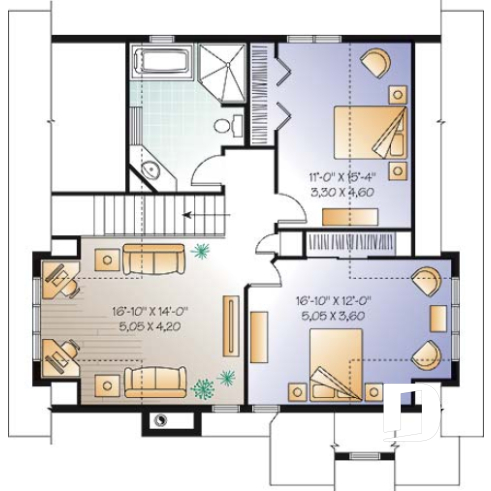 2nd level - Lakefront cottage plan, walkout  basement, 3 to 4 bedrooms, open floor plan layout, fireplace - The Touchstone 5