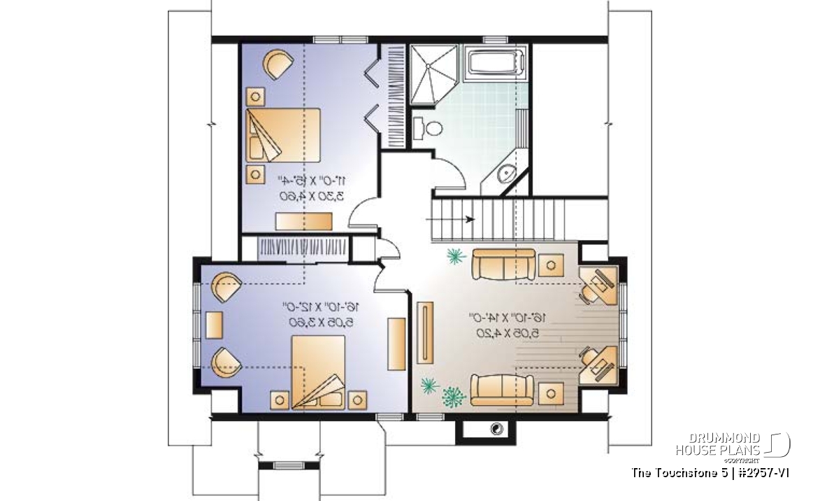 2nd level - Lakefront cottage plan, walkout  basement, 3 to 4 bedrooms, open floor plan layout, fireplace - The Touchstone 5