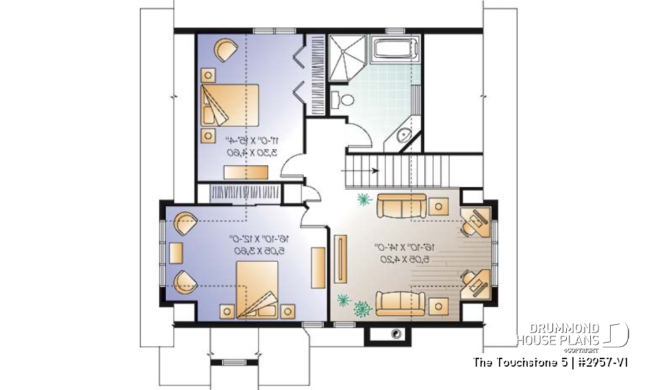 2nd level - Lakefront cottage plan, walkout  basement, 3 to 4 bedrooms, open floor plan layout, fireplace - The Touchstone 5