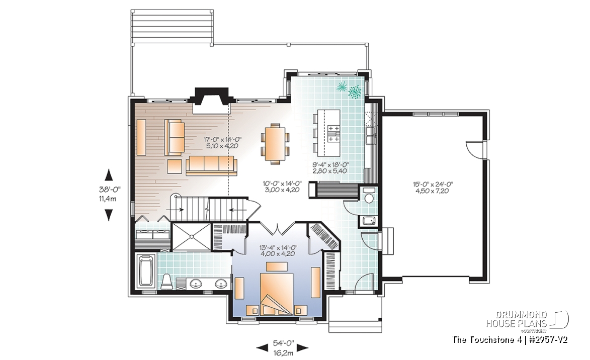1st level - Rustic chalet-style home with garage, rear-facing open layout, cathedral ceiling, mezzanine, bonus space - The Touchstone 4