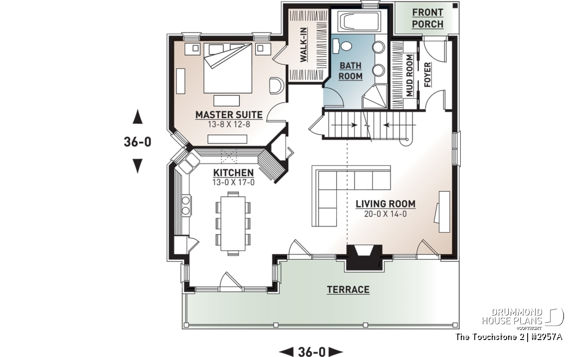 1st level - Modern rustic lakefront cottage house plan ( ski chalet ), cathedral ceiling, master suite on main floor, mezz - The Touchstone 2