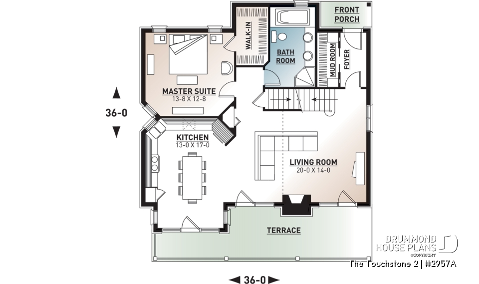 1st level - Modern rustic lakefront cottage house plan ( ski chalet ), cathedral ceiling, master suite on main floor, mezz - The Touchstone 2