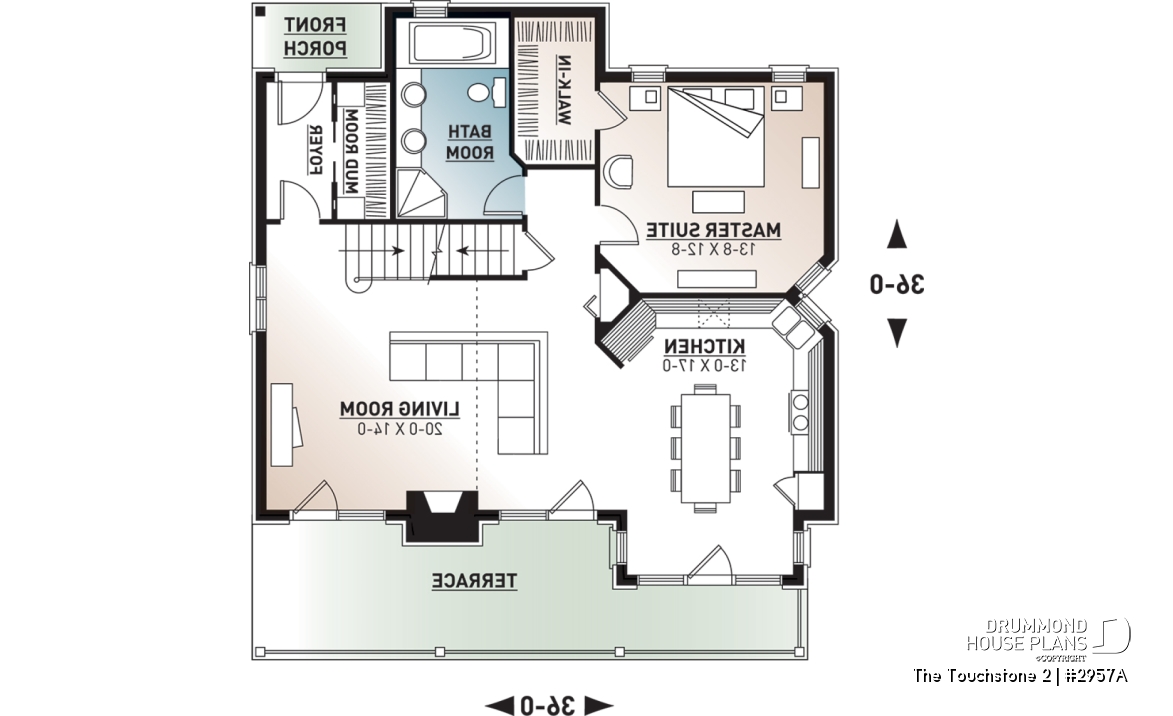 1st level - Modern rustic lakefront cottage house plan ( ski chalet ), cathedral ceiling, master suite on main floor, mezz - The Touchstone 2
