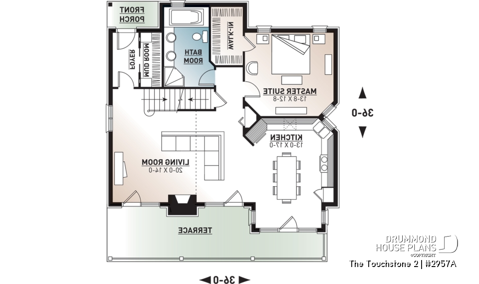1st level - Modern rustic lakefront cottage house plan ( ski chalet ), cathedral ceiling, master suite on main floor, mezz - The Touchstone 2