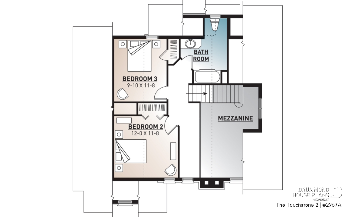 2nd level - Modern rustic lakefront cottage house plan ( ski chalet ), cathedral ceiling, master suite on main floor, mezz - The Touchstone 2