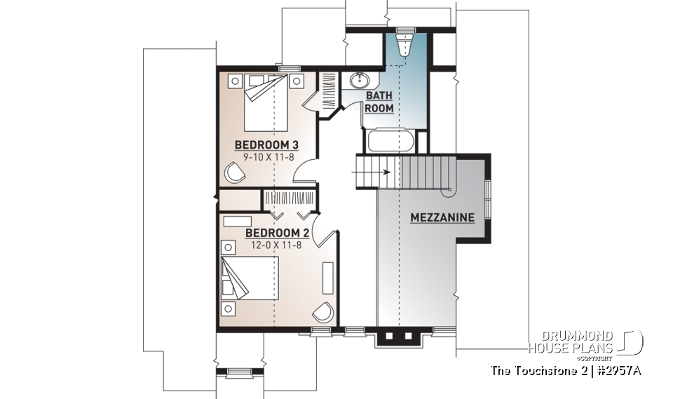 2nd level - Modern rustic lakefront cottage house plan ( ski chalet ), cathedral ceiling, master suite on main floor, mezz - The Touchstone 2