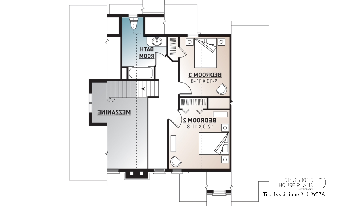 2nd level - Modern rustic lakefront cottage house plan ( ski chalet ), cathedral ceiling, master suite on main floor, mezz - The Touchstone 2