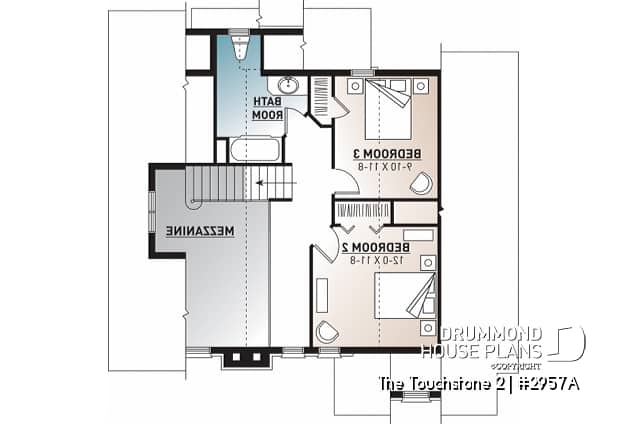 2nd level - Modern rustic lakefront cottage house plan ( ski chalet ), cathedral ceiling, master suite on main floor, mezz - The Touchstone 2