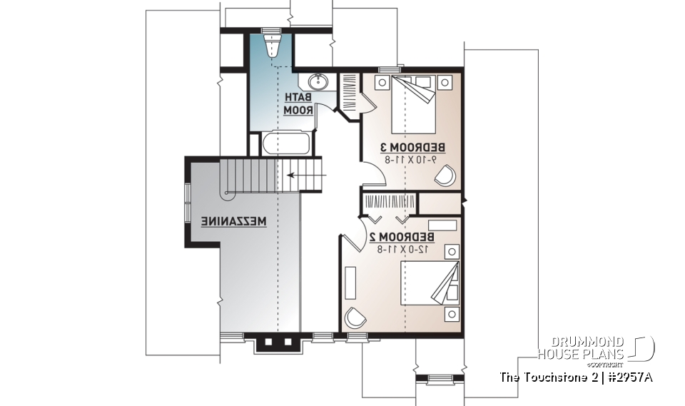 2nd level - Modern rustic lakefront cottage house plan ( ski chalet ), cathedral ceiling, master suite on main floor, mezz - The Touchstone 2