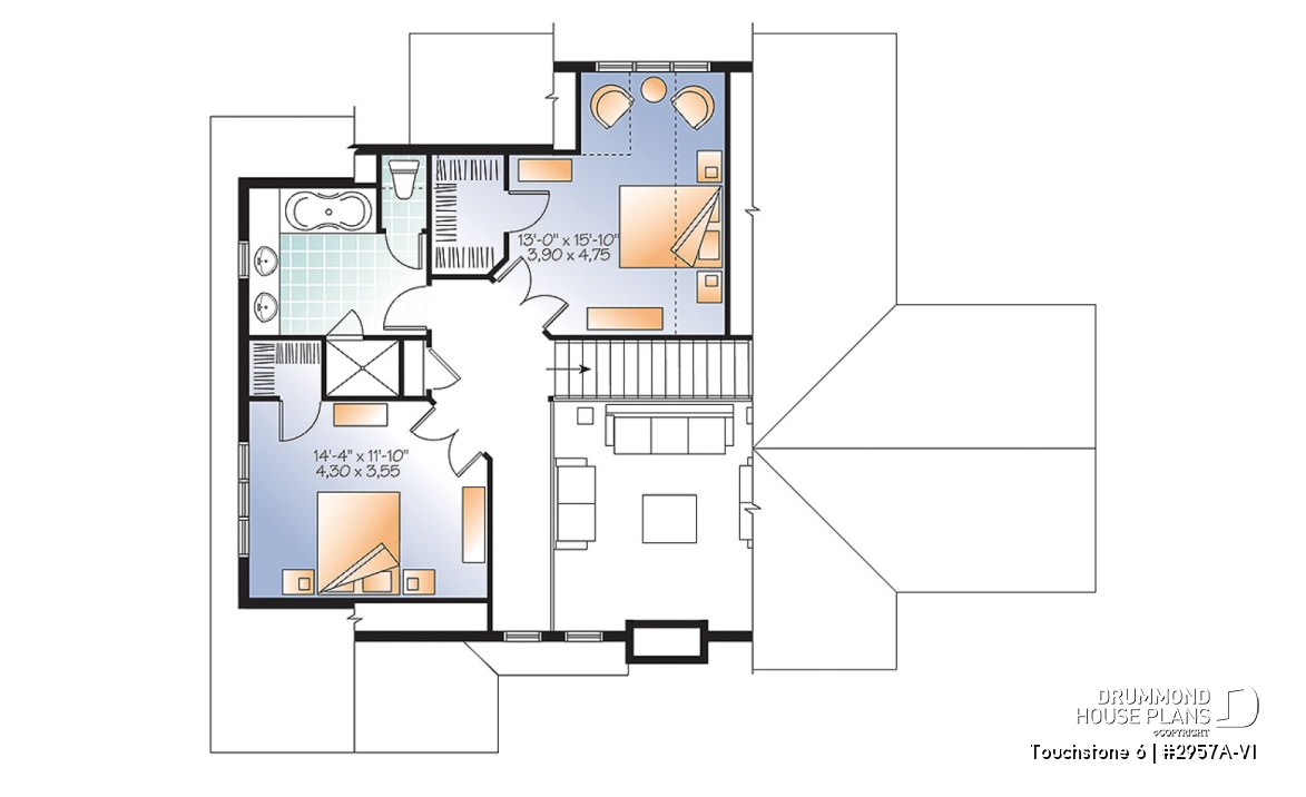 2nd level - Spacious 2 to 6 bedrooms, 3 storey mountain cottage home plan with mezzanine, fireplace, large family rooms - Touchstone 6