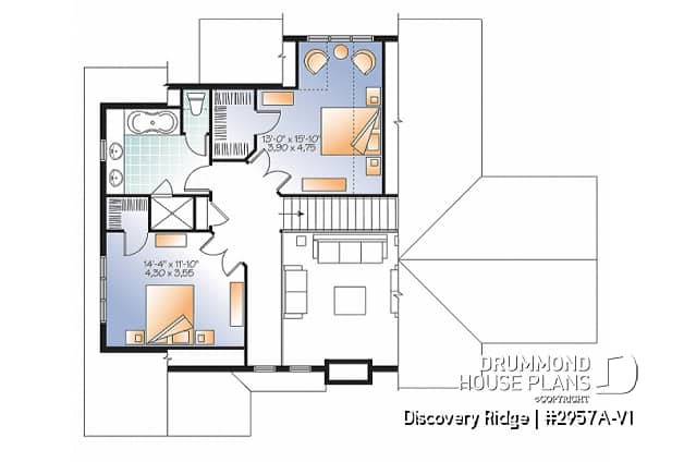 2nd level - Spacious 2 to 6 bedrooms, 3 storey mountain cottage home plan with mezzanine, fireplace, large family rooms - Touchstone 6