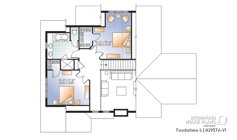 2nd level - Spacious 2 to 6 bedrooms, 3 storey mountain cottage home plan with mezzanine, fireplace, large family rooms - Touchstone 6