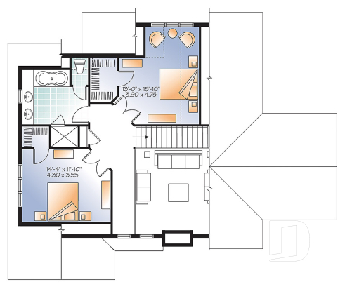 2nd level - Spacious 2 to 6 bedrooms, 3 storey mountain cottage home plan with mezzanine, fireplace, large family rooms - Touchstone 6