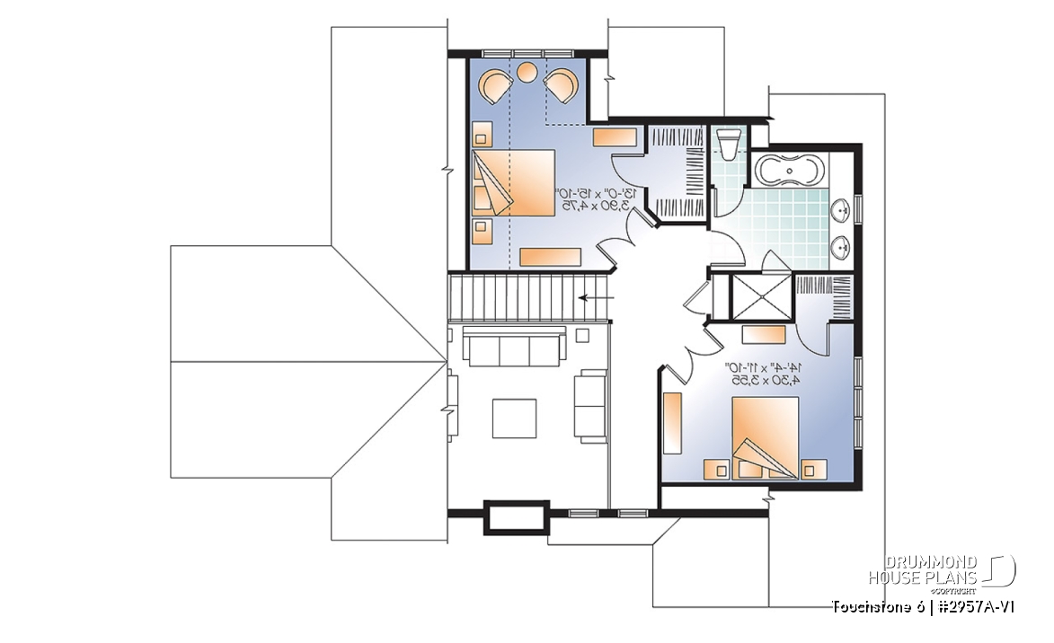 2nd level - Spacious 2 to 6 bedrooms, 3 storey mountain cottage home plan with mezzanine, fireplace, large family rooms - Touchstone 6