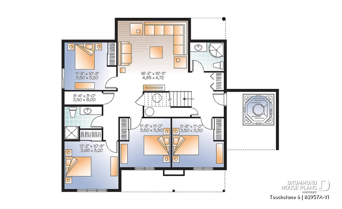 Basement - Spacious 2 to 6 bedrooms, 3 storey mountain cottage home plan with mezzanine, fireplace, large family rooms - Touchstone 6