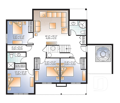 Basement - Spacious 2 to 6 bedrooms, 3 storey mountain cottage home plan with mezzanine, fireplace, large family rooms - Touchstone 6