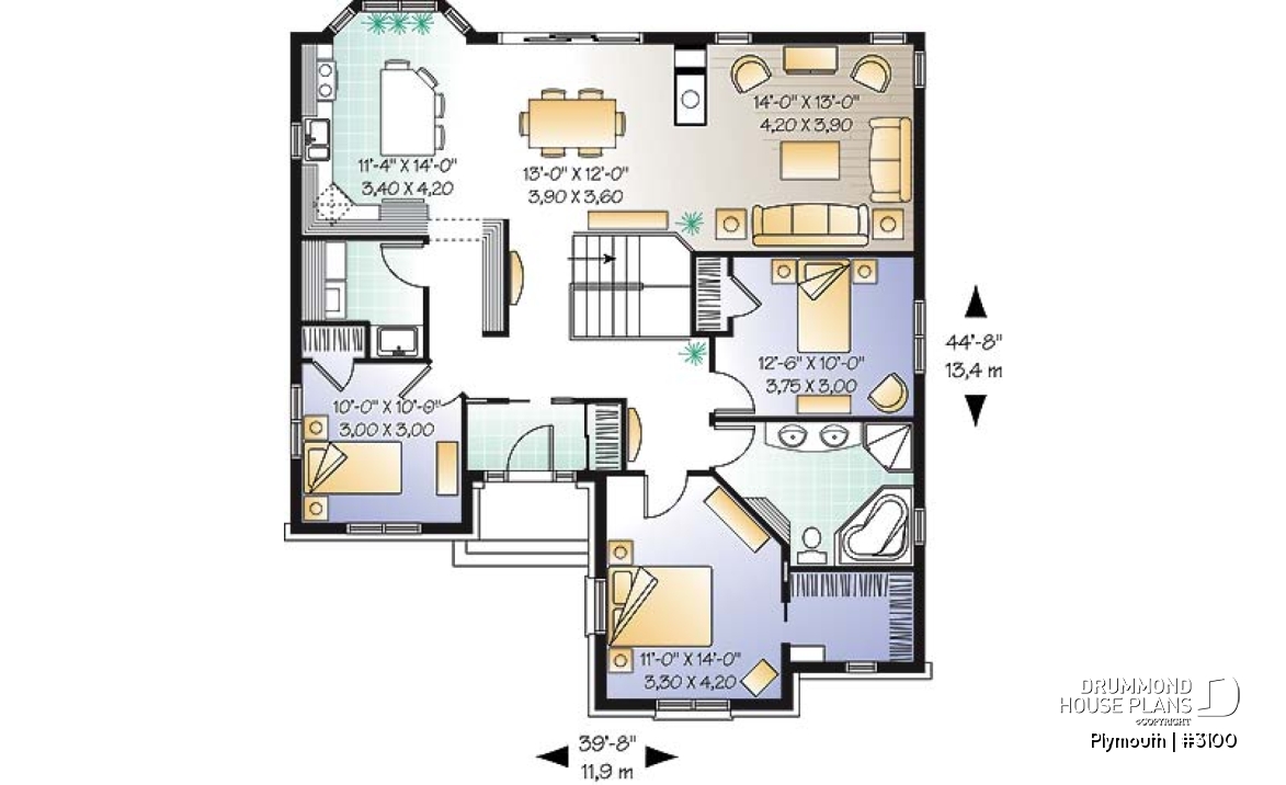 1st level - 3 Bedrooom bungalow house plan,superb open concept kitchen, dining and family room with 2-sided fireplace - Plymouth