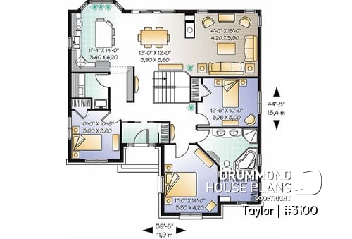 1st level - 3 Bedrooom bungalow house plan,superb open concept kitchen, dining and family room with 2-sided fireplace - Plymouth