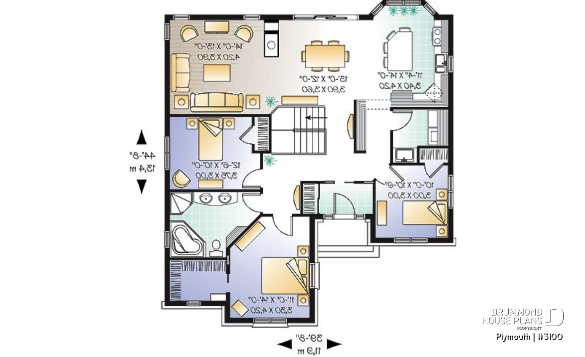 1st level - 3 Bedrooom bungalow house plan,superb open concept kitchen, dining and family room with 2-sided fireplace - Plymouth