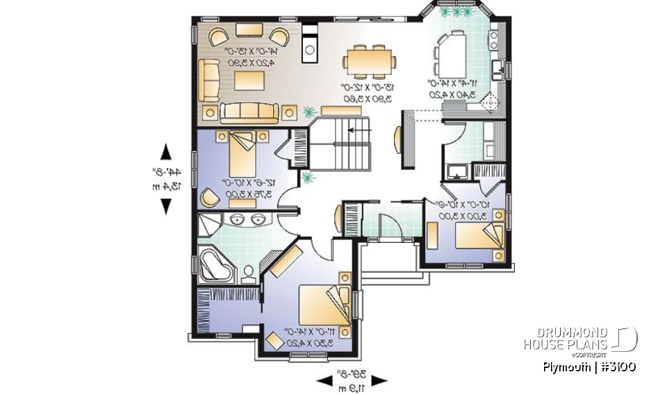 1st level - 3 Bedrooom bungalow house plan,superb open concept kitchen, dining and family room with 2-sided fireplace - Plymouth
