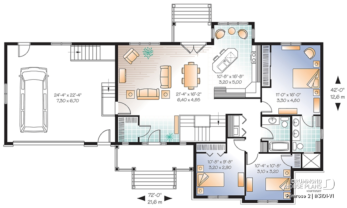 1st level - 3 to 6 bedrooms Ranch style Bungalow house plan, 2 family rooms, computer area, great floor plans - Primrose 2