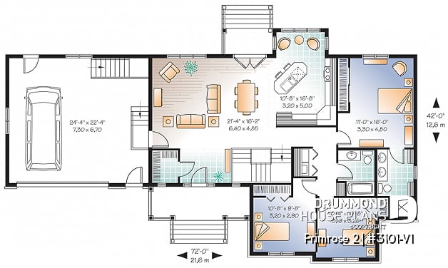 1st level - 3 to 6 bedrooms Ranch style Bungalow house plan, 2 family rooms, computer area, great floor plans - Primrose 2