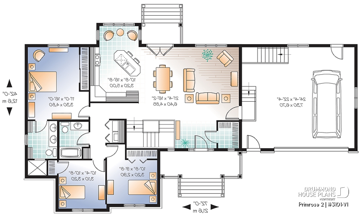 1st level - 3 to 6 bedrooms Ranch style Bungalow house plan, 2 family rooms, computer area, great floor plans - Primrose 2