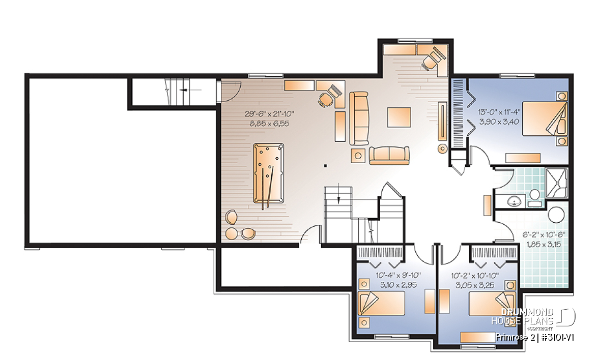 Finished basement (Optional $) - 3 to 6 bedrooms Ranch style Bungalow house plan, 2 family rooms, computer area, great floor plans - Primrose 2