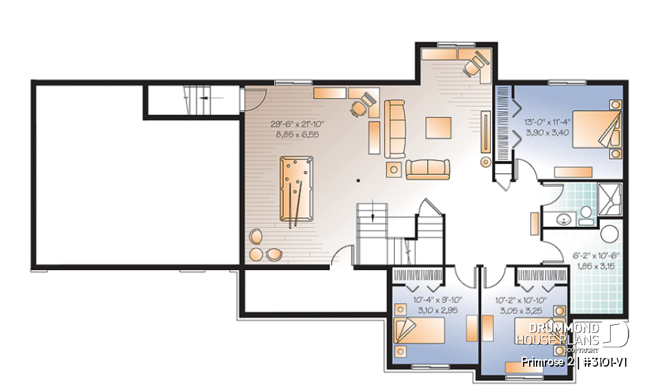 Finished basement (Optional $) - 3 to 6 bedrooms Ranch style Bungalow house plan, 2 family rooms, computer area, great floor plans - Primrose 2