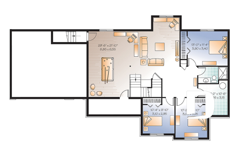 Finished basement (Optional $) - 3 to 6 bedrooms Ranch style Bungalow house plan, 2 family rooms, computer area, great floor plans - Primrose 2