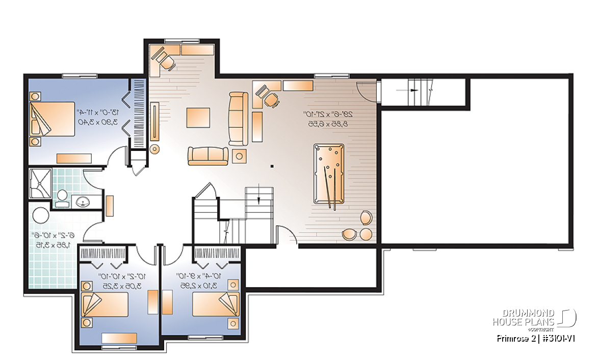 Finished basement (Optional $) - 3 to 6 bedrooms Ranch style Bungalow house plan, 2 family rooms, computer area, great floor plans - Primrose 2