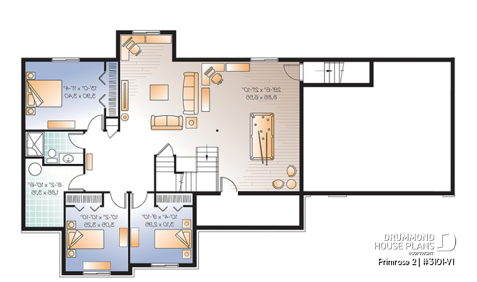 Finished basement (Optional $) - 3 to 6 bedrooms Ranch style Bungalow house plan, 2 family rooms, computer area, great floor plans - Primrose 2