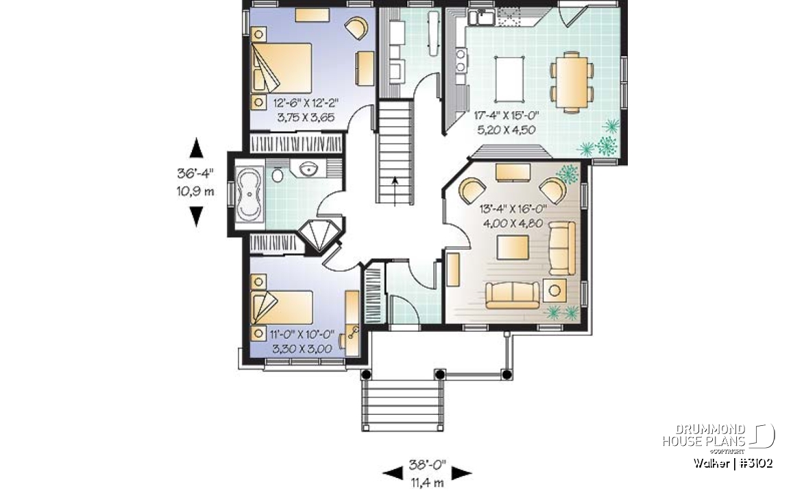 1st level - Traditional 2 bedroom bungalow with 9' ceilings and covered porch - Walker