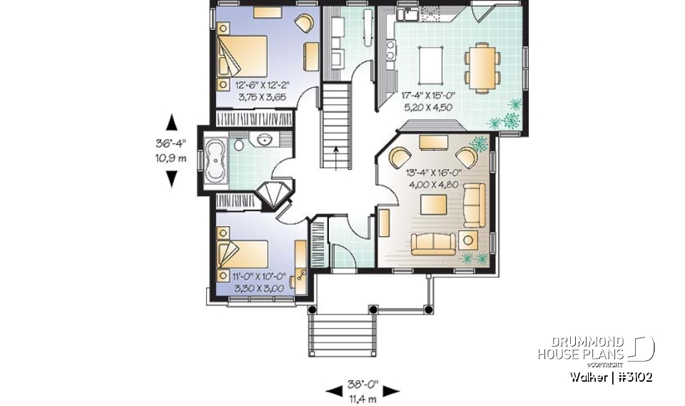 1st level - Traditional 2 bedroom bungalow with 9' ceilings and covered porch - Walker
