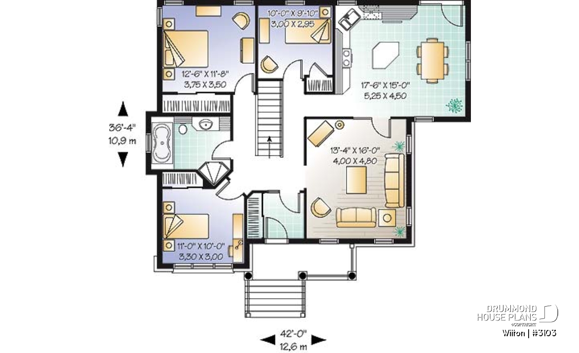 1st level - Country ranch style 3 bedroom house plan with 9' ceilings and covered porch - Wilton