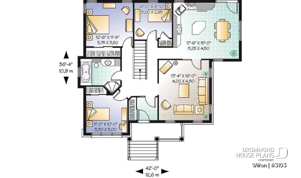 1st level - Country ranch style 3 bedroom house plan with 9' ceilings and covered porch - Wilton