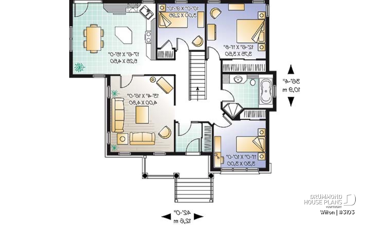 1st level - Country ranch style 3 bedroom house plan with 9' ceilings and covered porch - Wilton
