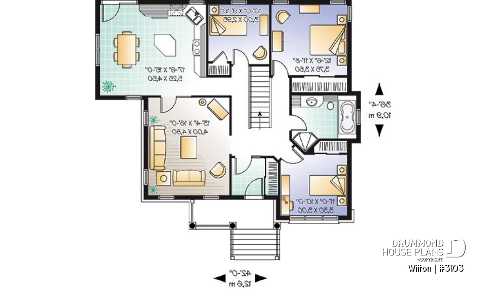1st level - Country ranch style 3 bedroom house plan with 9' ceilings and covered porch - Wilton