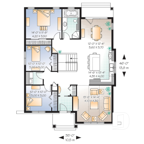 1st level - Small country home plan, 3 bedrooms on main floor, great kitchen, affordable construction cost - Keystone