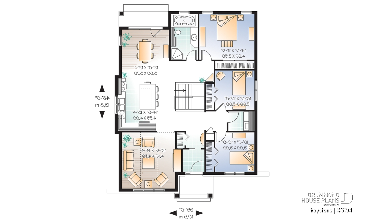 1st level - Small country home plan, 3 bedrooms on main floor, great kitchen, affordable construction cost - Keystone