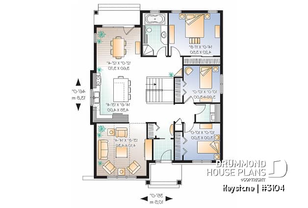 1st level - Small country home plan, 3 bedrooms on main floor, great kitchen, affordable construction cost - Keystone