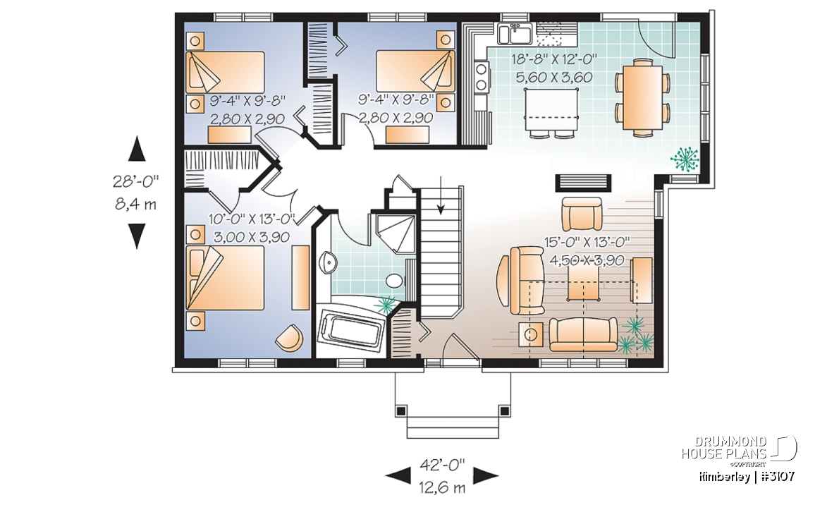 1st level - Country Rustic Bungalow house plan, affordable 3 bedrooms, perfect for starter home, cathedral ceiling - Kimberley
