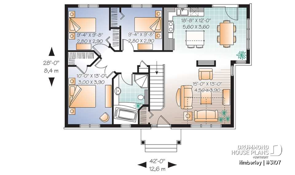 1st level - Country Rustic Bungalow house plan, affordable 3 bedrooms, perfect for starter home, cathedral ceiling - Kimberley