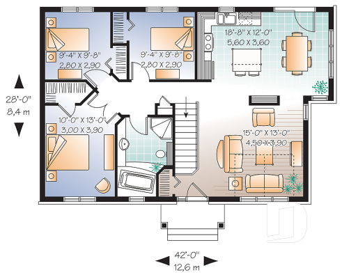 1st level - Country Rustic Bungalow house plan, affordable 3 bedrooms, perfect for starter home, cathedral ceiling - Kimberley