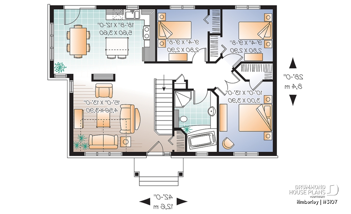 1st level - Country Rustic Bungalow house plan, affordable 3 bedrooms, perfect for starter home, cathedral ceiling - Kimberley