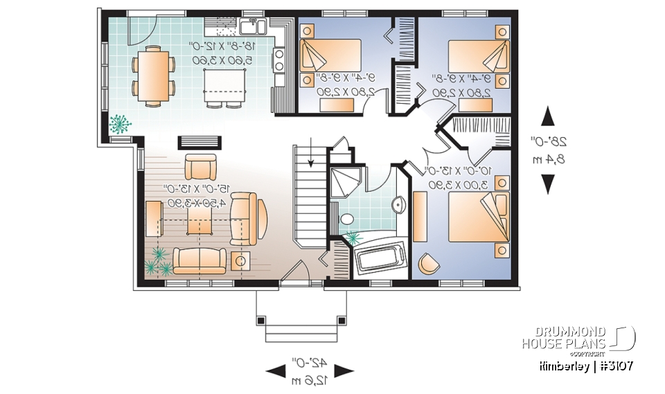 1st level - Country Rustic Bungalow house plan, affordable 3 bedrooms, perfect for starter home, cathedral ceiling - Kimberley